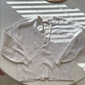 LOFT White Henley Button Ribbed Sweater